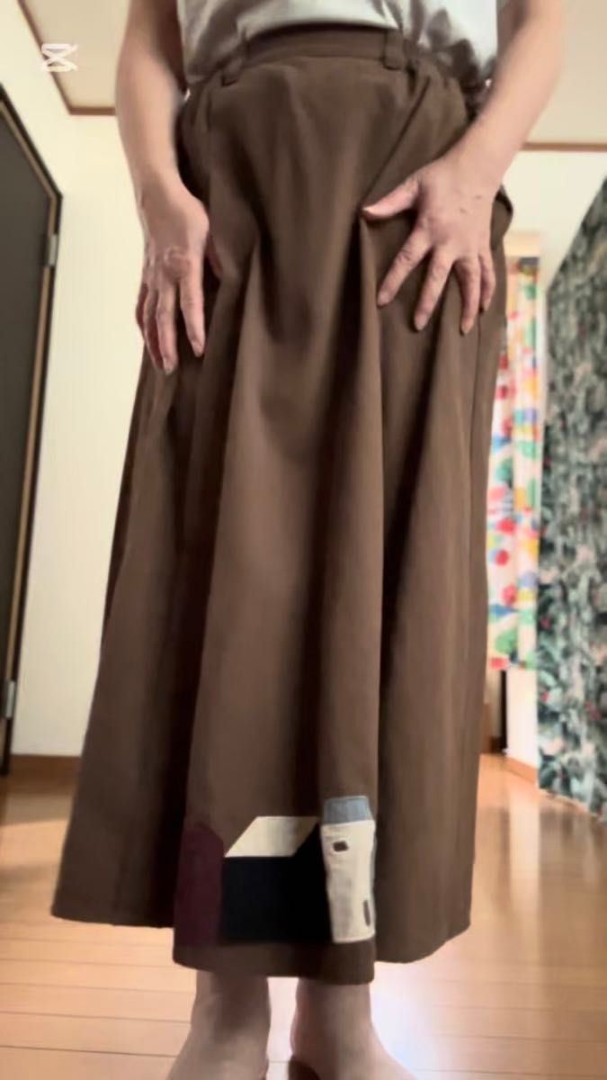 Emago ロングスカート お家アップリケ ブラウン ウエストゴム ポケット付き