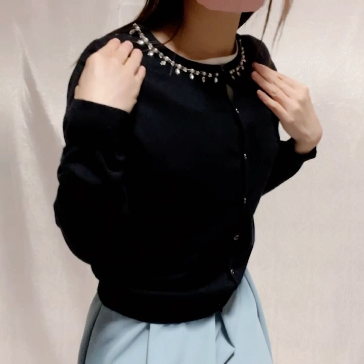 【新品未使用】大人上品×可愛い◆CLOSSIビジュー黒カーデL カーディガン 長袖 ニット M クルーネック ブラック