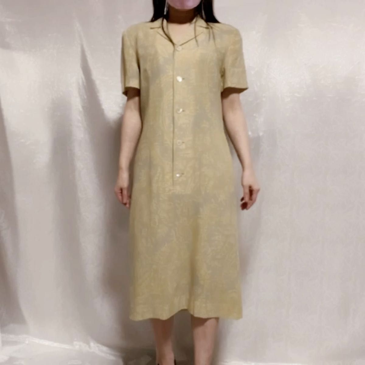 【美品】BURBERRY リーフ柄 リネン 夏ワンピース 半袖 L~LL ワンピース 膝丈ワンピーミモレ丈 バーバリー