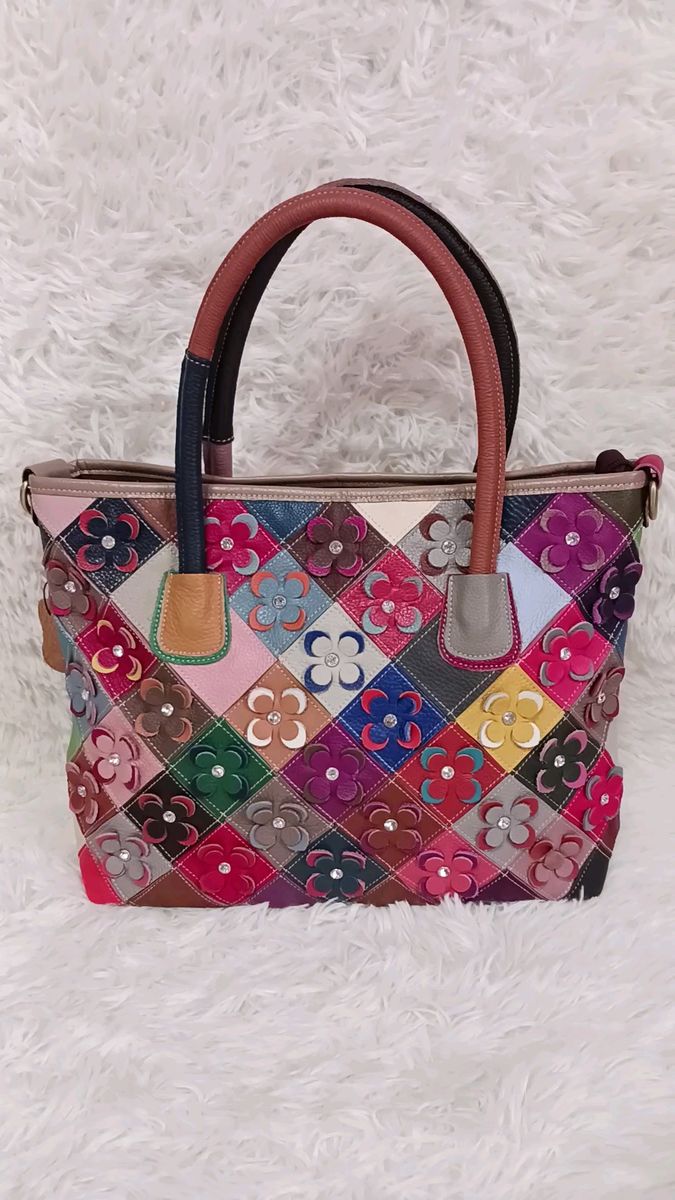 エスタシオン 2way トートバッグ 本革 花モチーフ ビジュー パッチワーク