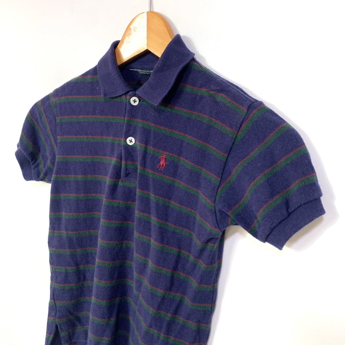 ■子供用 ビンテージ Polo by Ralph Lauren ラルフローレン 緑タグ ボーダー柄 鹿の子素材 半袖ポロシャツ 古着アメカジネイビー サイズ5■_画像2