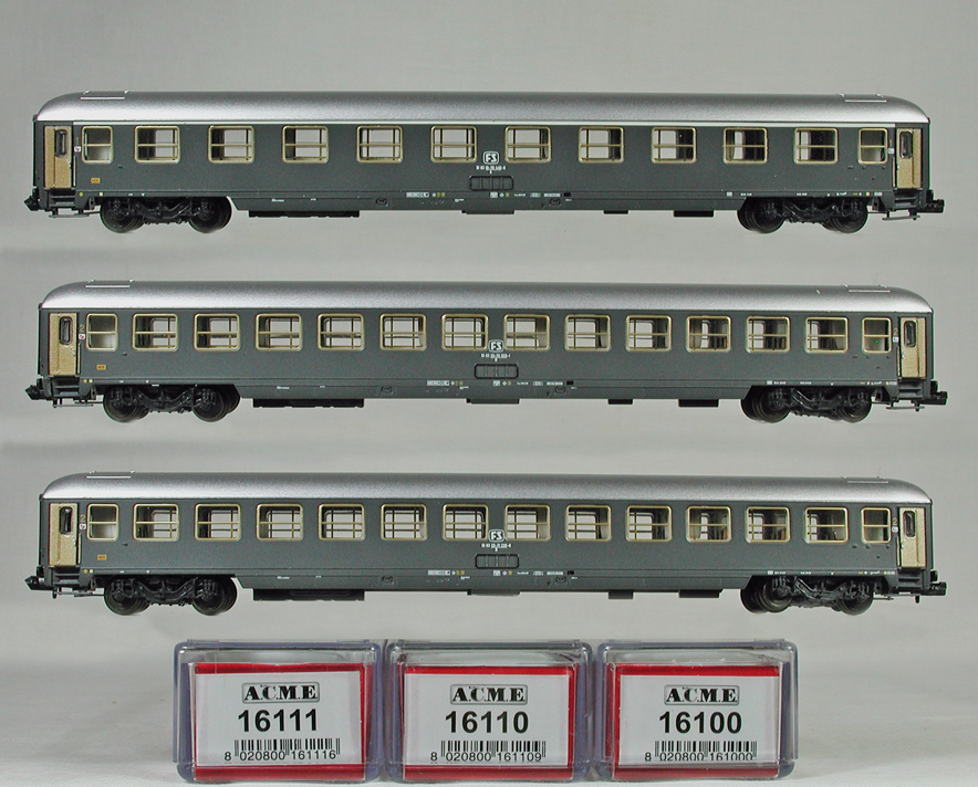 ACME #16100 + #16110 + #16111 ＦＳ（イタリア国鉄） ＵＩＣ-Ｘ型１９７９年式長距離用客車 （スレートグレー塗装）３輌セット
