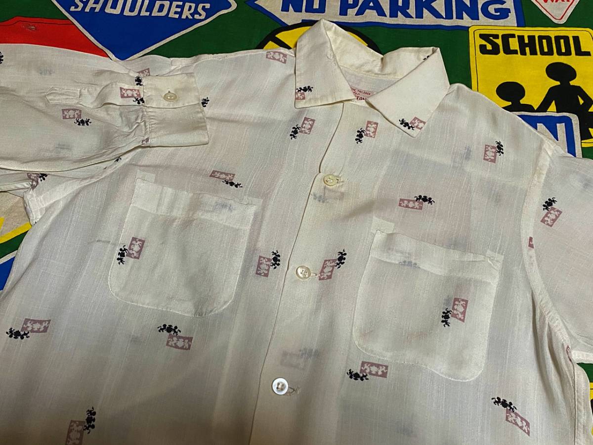 ★爽やかな白ベースの1枚★Made in USA製アメリカ製ビンテージコットンレーヨンギャバシャツオープンカラーシャツ50s60s50年代60年代総柄SM