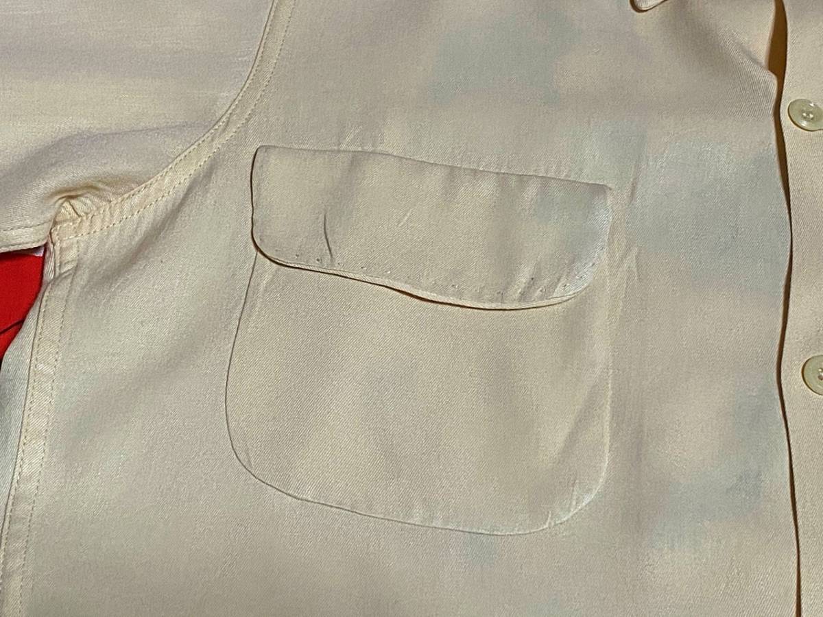 ☆チェーンステッチ入☆Made in USA制アメリカ制ビンテージレーヨンギャバシャツ40s40年代50s50年代ボーリングシャツハンドステッチデカ襟M