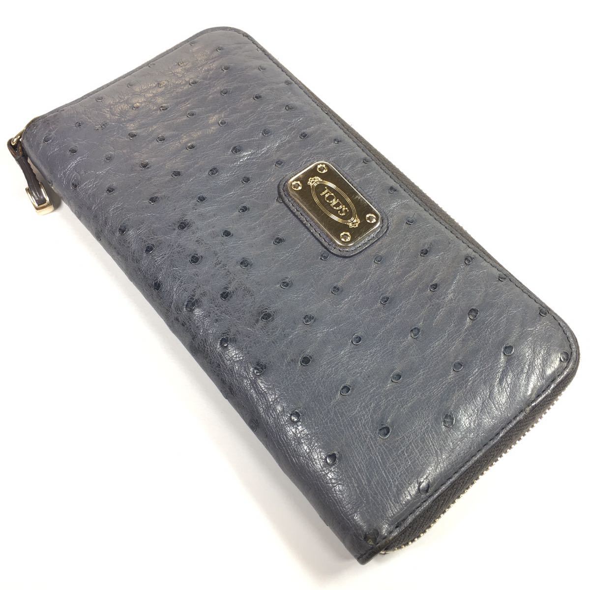 [ Tod's ] genuine article TOD\'S Ostrich long wallet round fastener change purse . equipped gray color series . bird men's lady's Italy made postage 520 jpy 