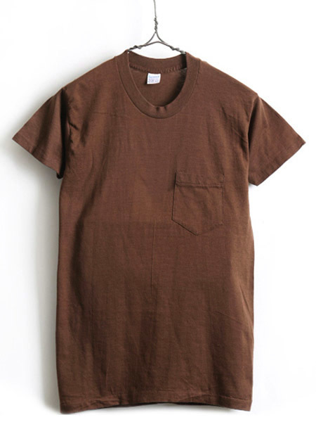 デッドストック 70's ビンテージ ■ 5050 ポケット付き 半袖 Tシャツ (男性 メンズ 小さめ M S 程) 古着 ポケT 耳 耳付き 茶 ブラウン 無地_画像1