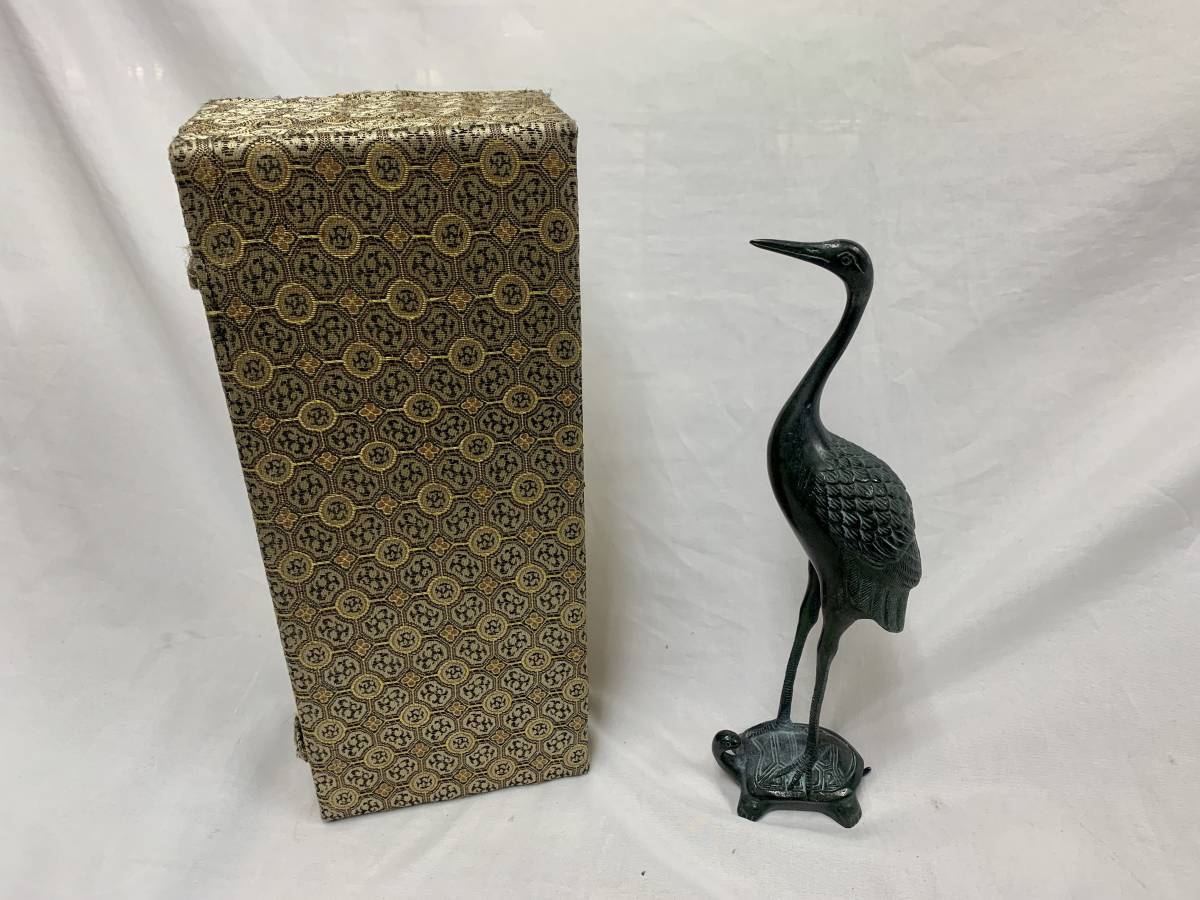 美術品】置物 青銅 鶴 亀 10×7×27 美術品】置物 青銅 鶴 亀 10×7×27