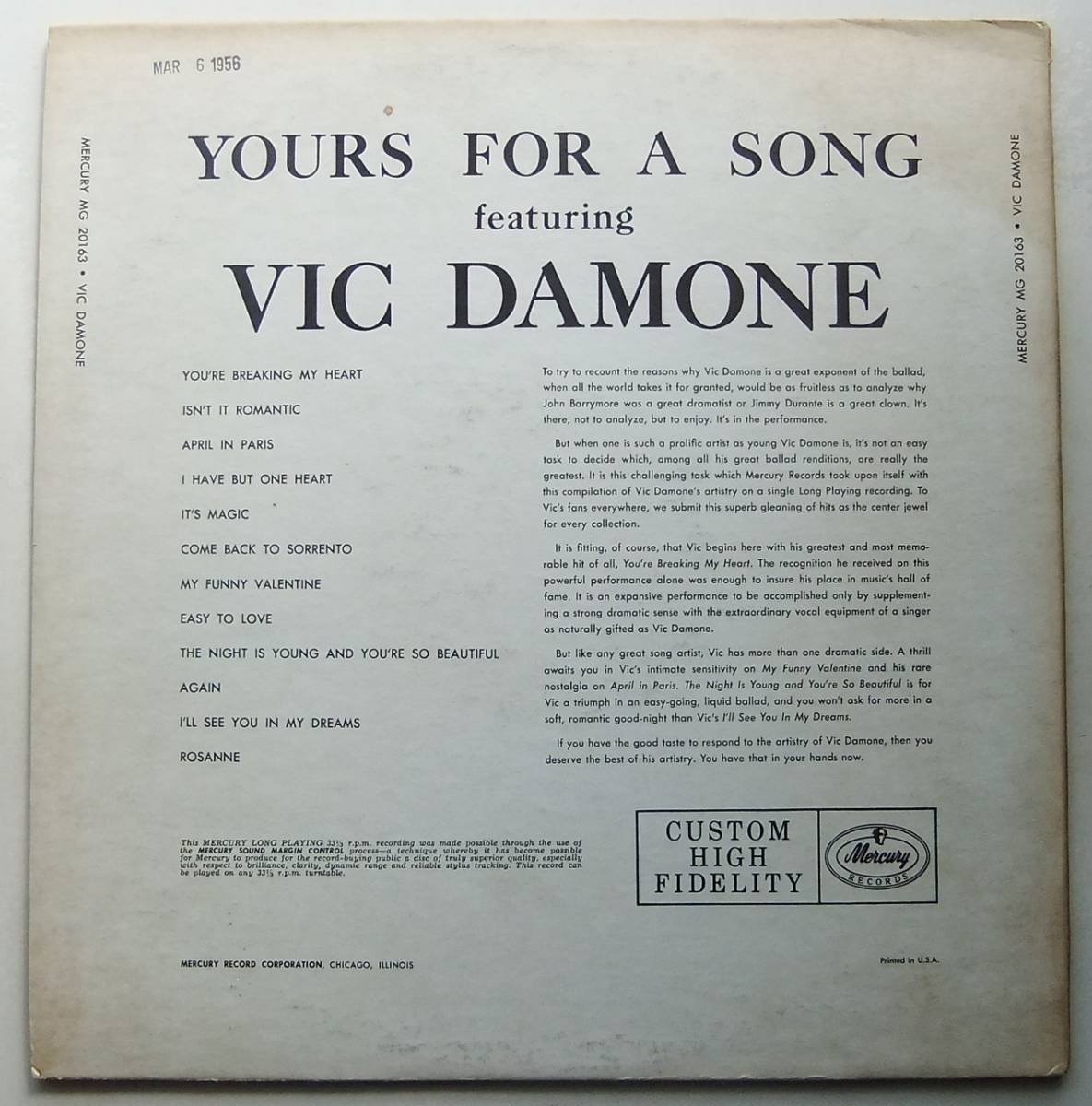 ◆ VIC DAMONE / Yours For a Song ◆ Mercury MG 20163 (black:dg) ◆_画像2