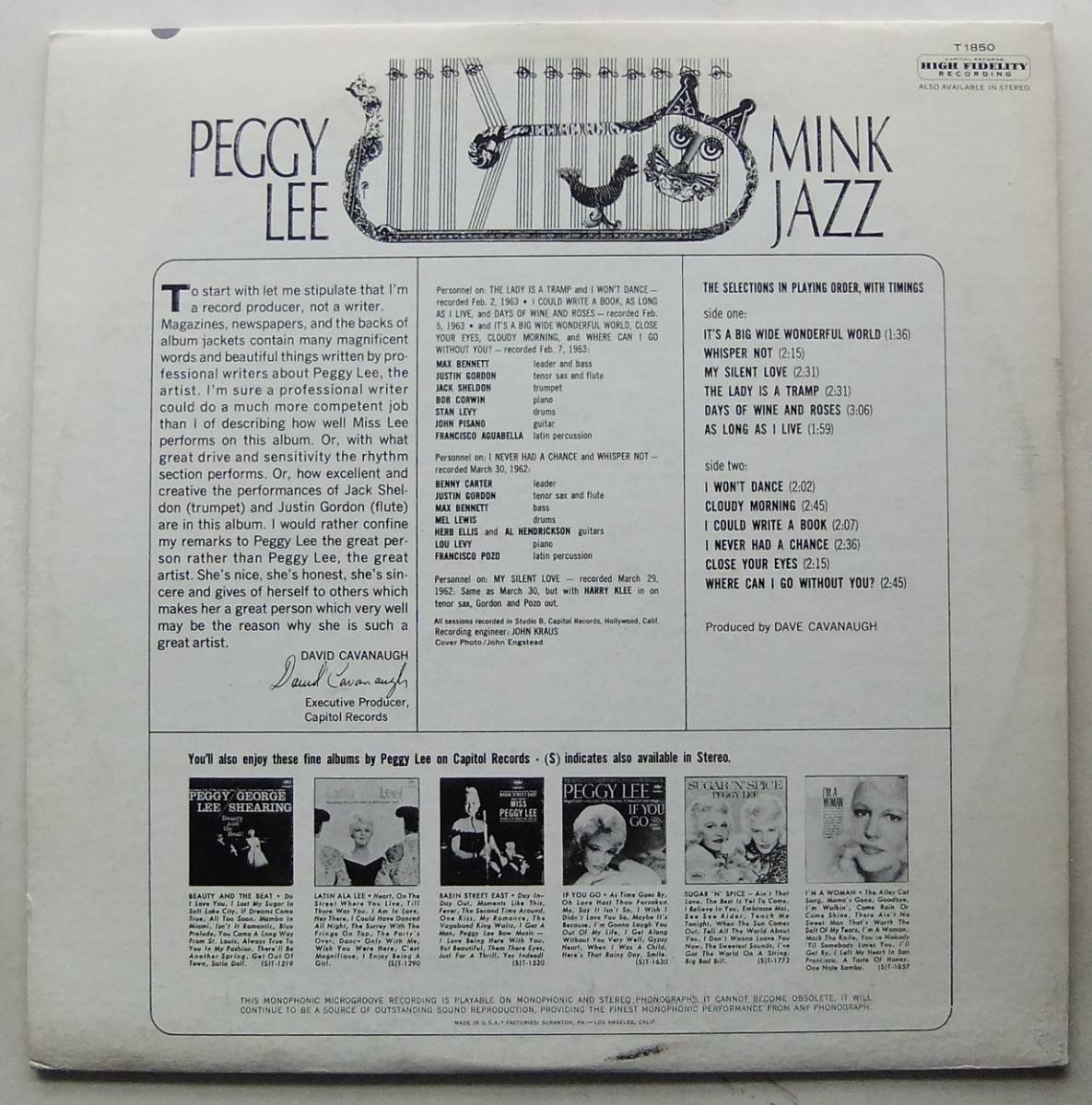 ◆ PEGGY LEE / Mink Jazz ◆ Capitol T1850 (gold) ◆_画像2