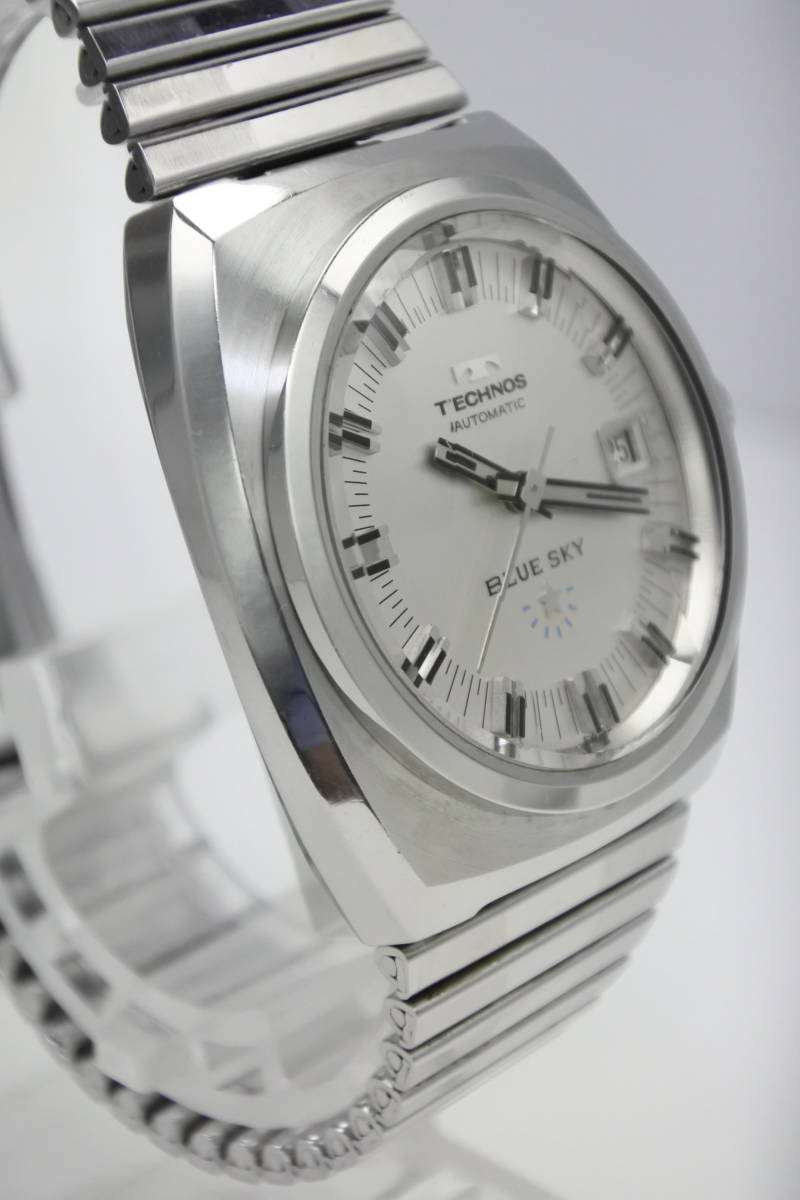 ***70 годы Швейцария именная техника TECHNOS BLUESKY не пропускающее стекло джентльмен высококлассный самозаводящиеся часы наручные часы редкий модный циферблат неиспользуемый товар 