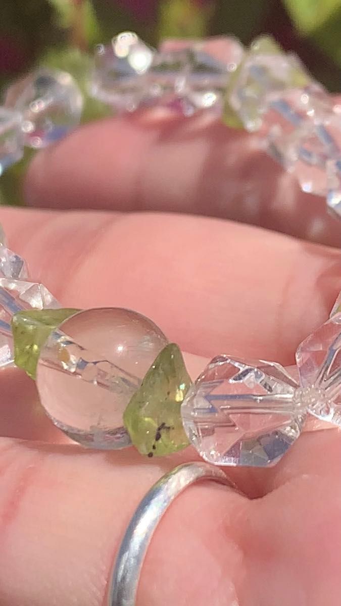 天然石グリーンアメジスト ペリドット カット水晶デザインブレスレット