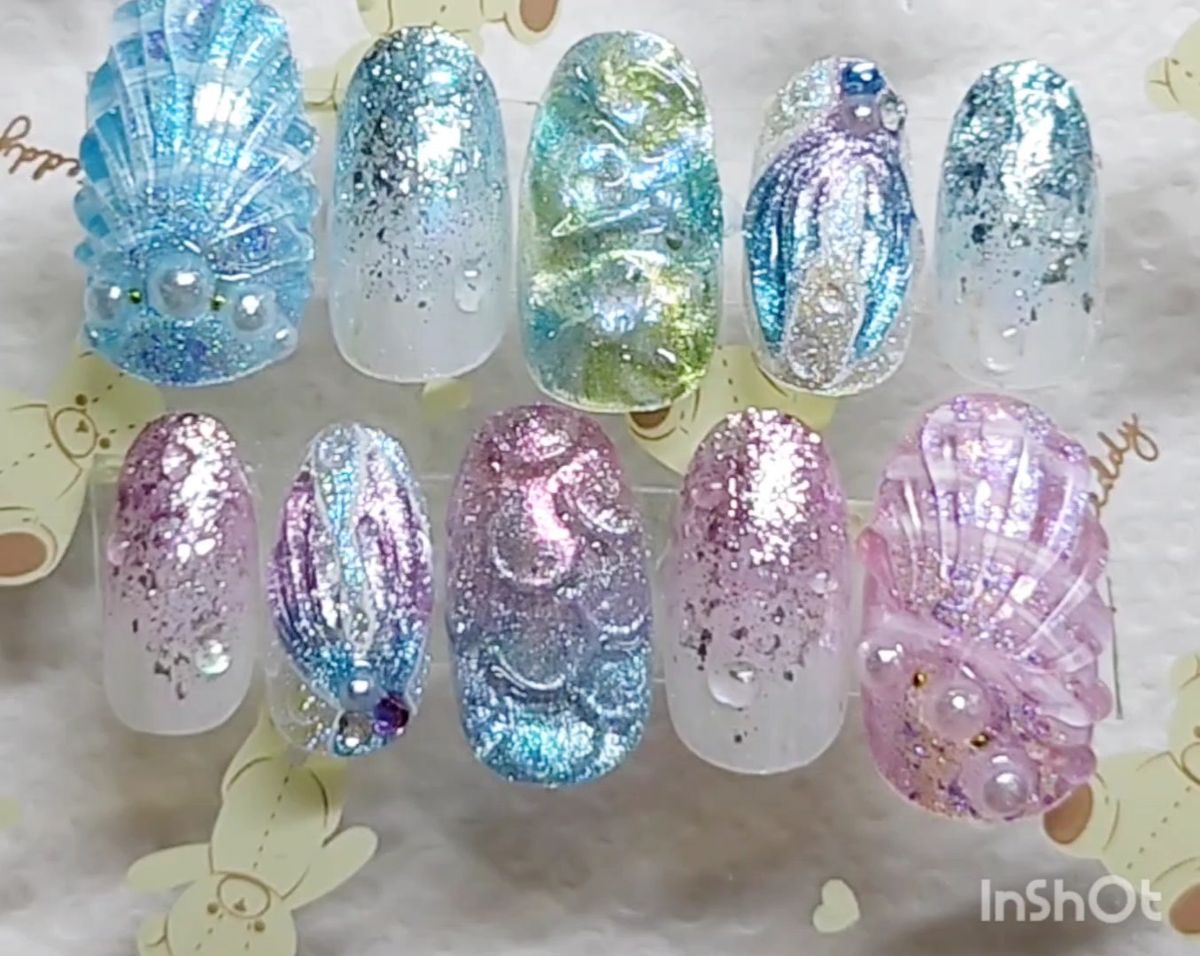 【No.38】ネイルチップ 梅雨 紫陽花 あじさい 夏ネイル 海 人魚の鱗 マーメイド 人魚の尻尾 花火