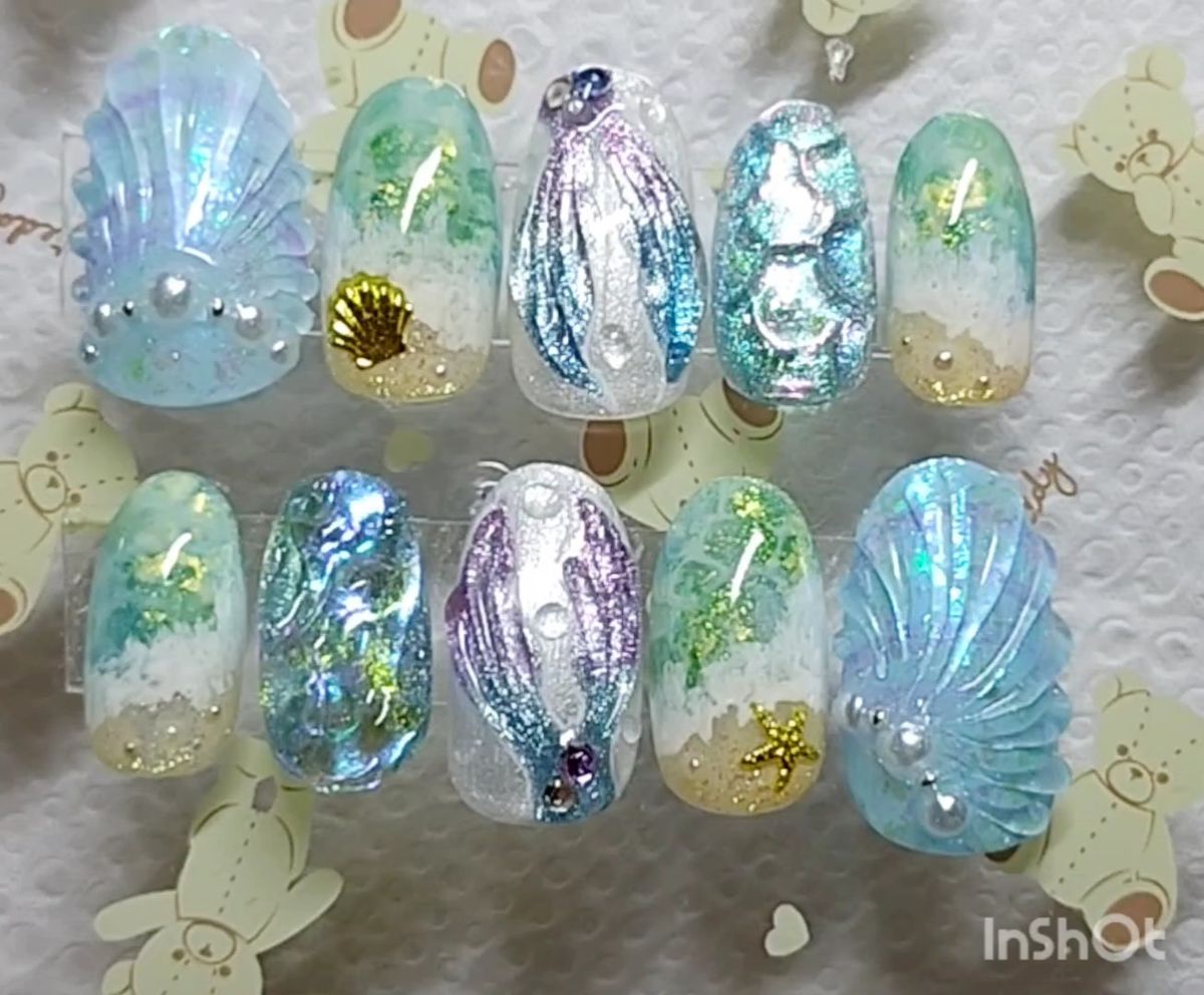 【No.37】ネイルチップ 梅雨 紫陽花 あじさい 夏 海 人魚の鱗 マーメイド 人魚の尻尾 花火 金魚