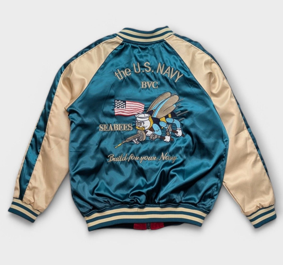 U.S. Navy スカジャン SEABEES刺繍 U S SEABEES サテンジャケット スカジャン 米軍 L リバーシブル