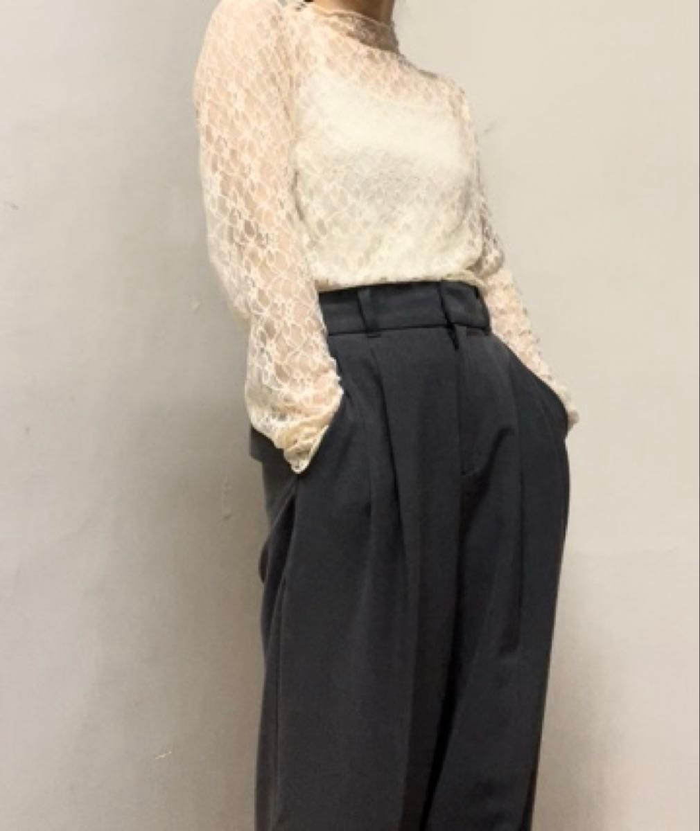 P00335 RyuRyu 総レース メッシュ 花柄 トップス カットソー Lサイズ 透け感 クリーム 長袖カットソー