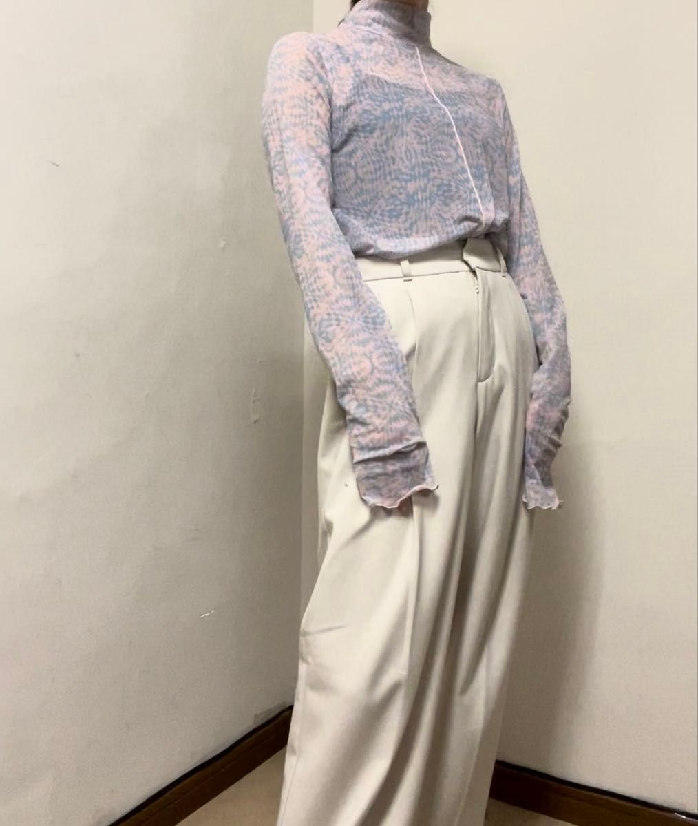 P00298 vacancy 幾何学模様シアートップス 長袖 お洒落 ゆるっと可愛い フリーサイズ ピンク ストレッチ