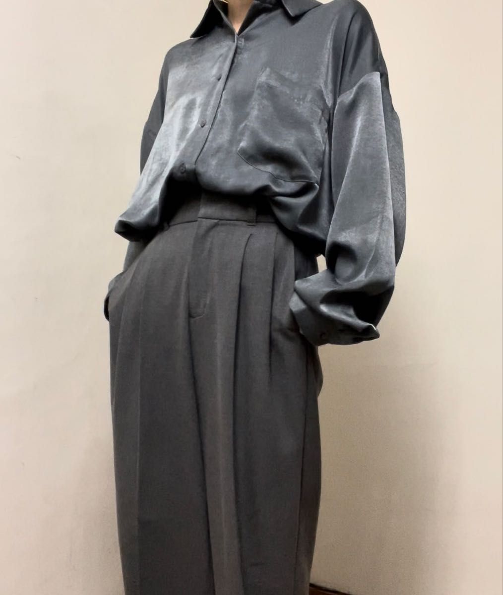 P00336 こなれ感 サテンレギュラーシャツ 光沢感が上品なオーバーシャツ オーバーサイズ 長袖シャツ M