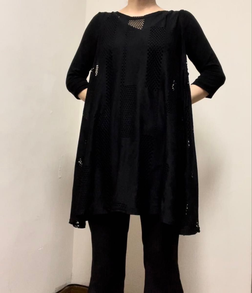P00285 メッシュ ノースリーブ チュニックワンピース ブラック 花柄 オーバーシルエット たっぷりサイズ