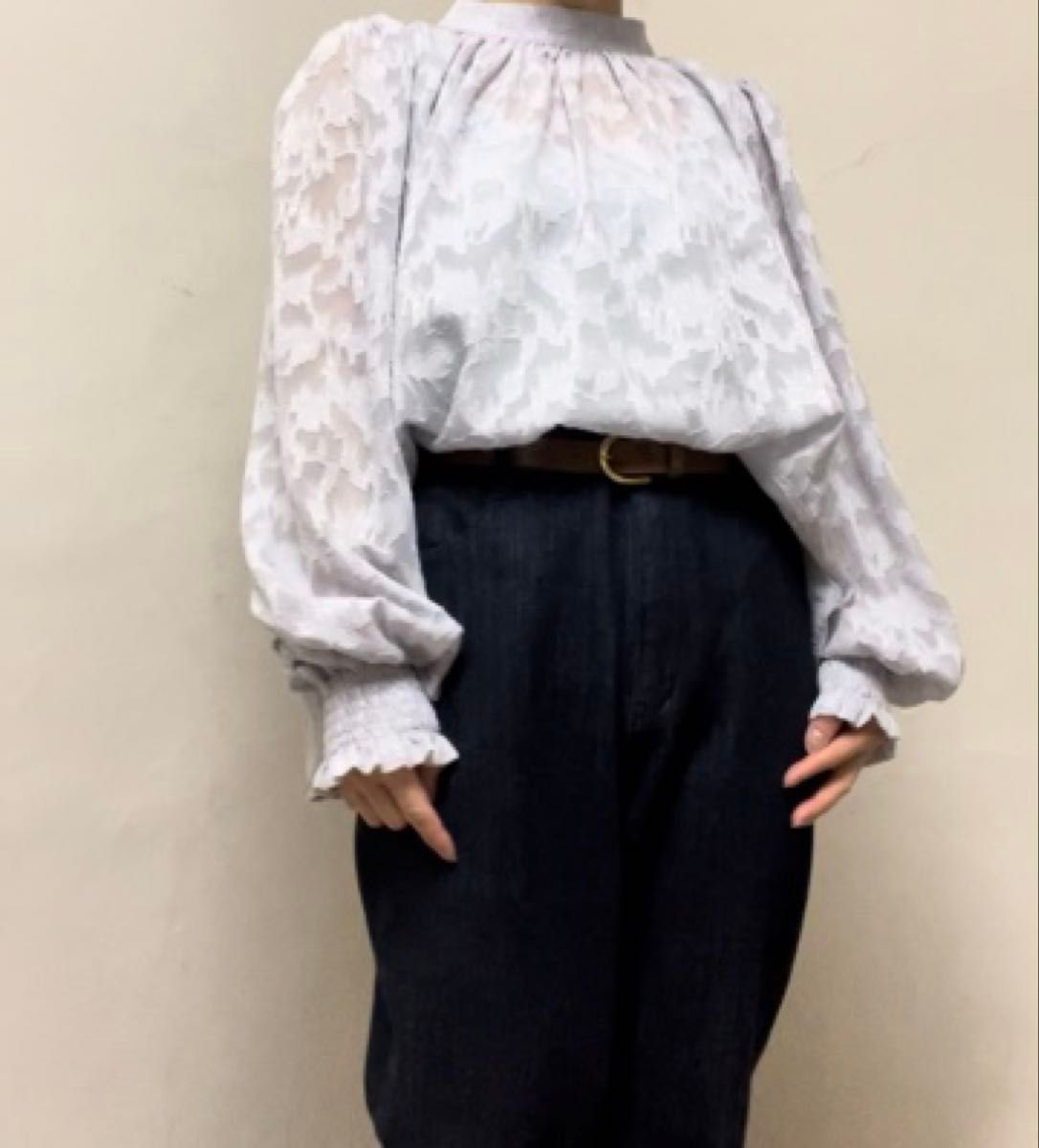 P00299 Futier Land(フューティアランド)ジャガードフラワーバルーンスリーブブラウス 長袖 透け感可愛い L