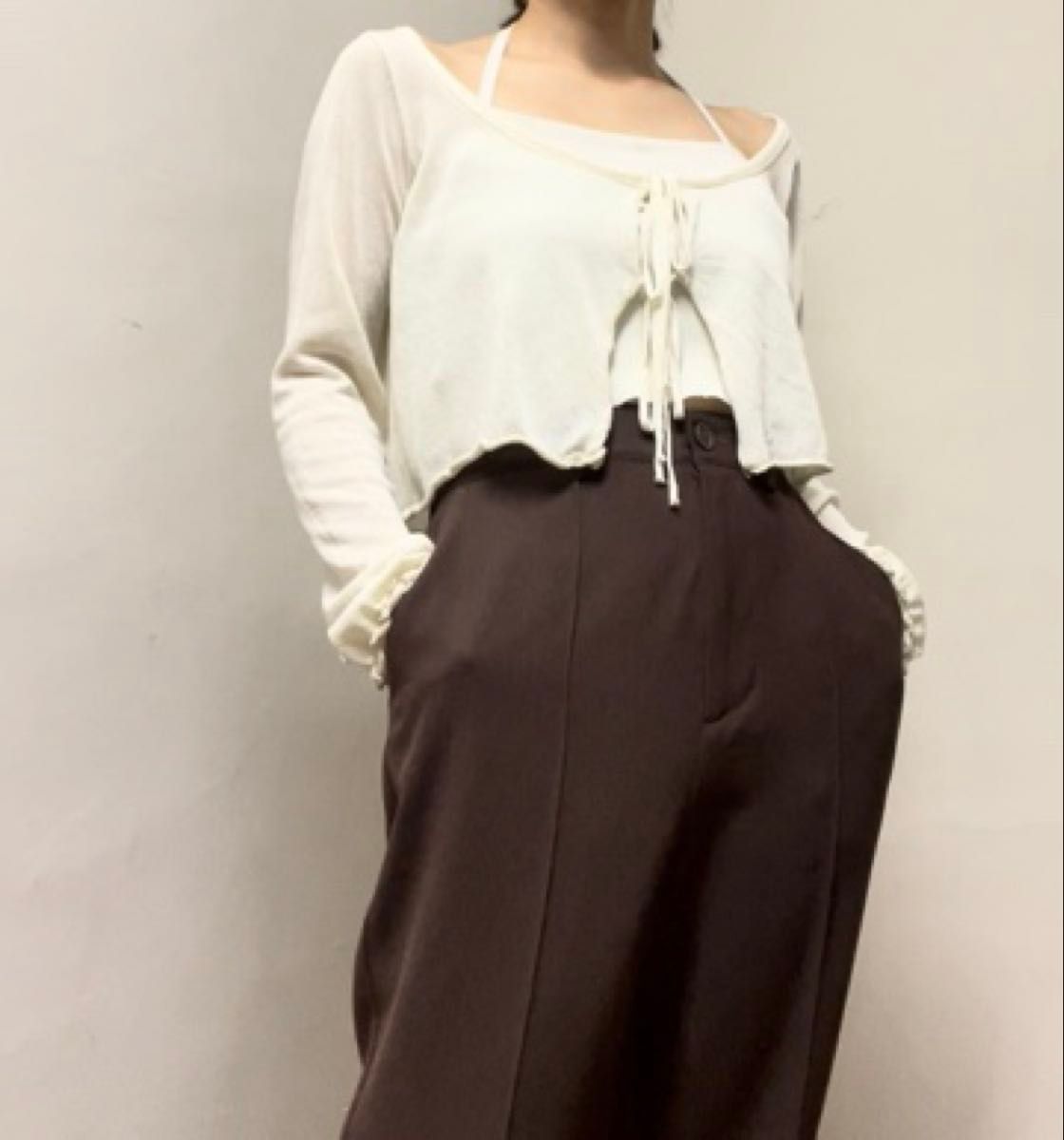 P00339 sibra シアー素材 ショート丈 カーディガン トップス クリーム 柔らかな印象のカーデ 羽織 フリー