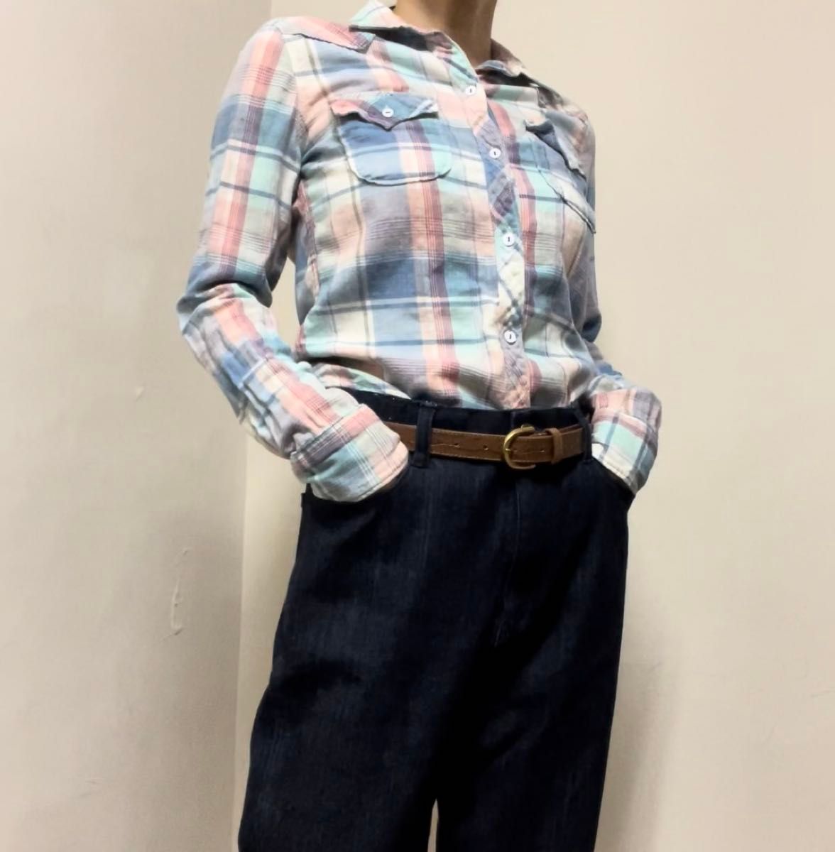 P003 GAP 1969 チェックシャツ コットン ピンク×ブルー 暖色系で可愛い XS ギャップ チェック柄 シャツ