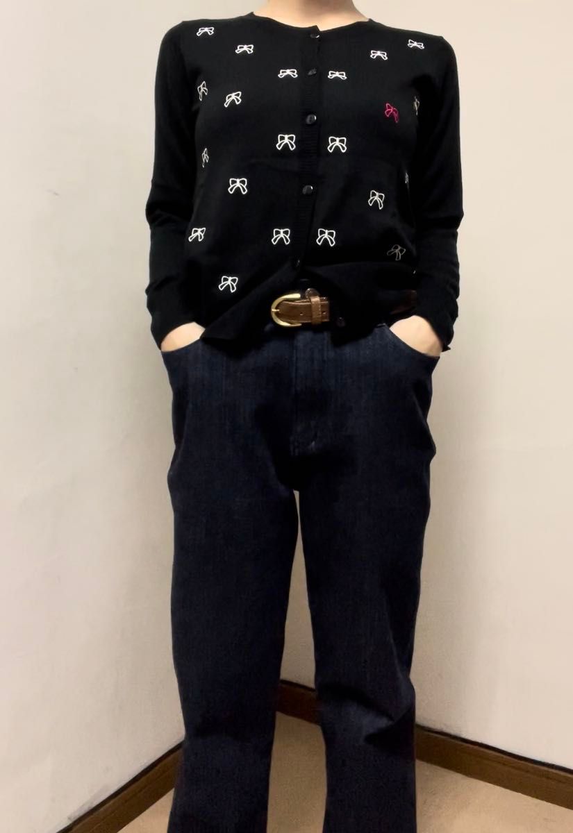 P00300 image リボンモチーフ カーディガン ブラック 刺繍 トップス M 可愛くなりすぎない可愛さ