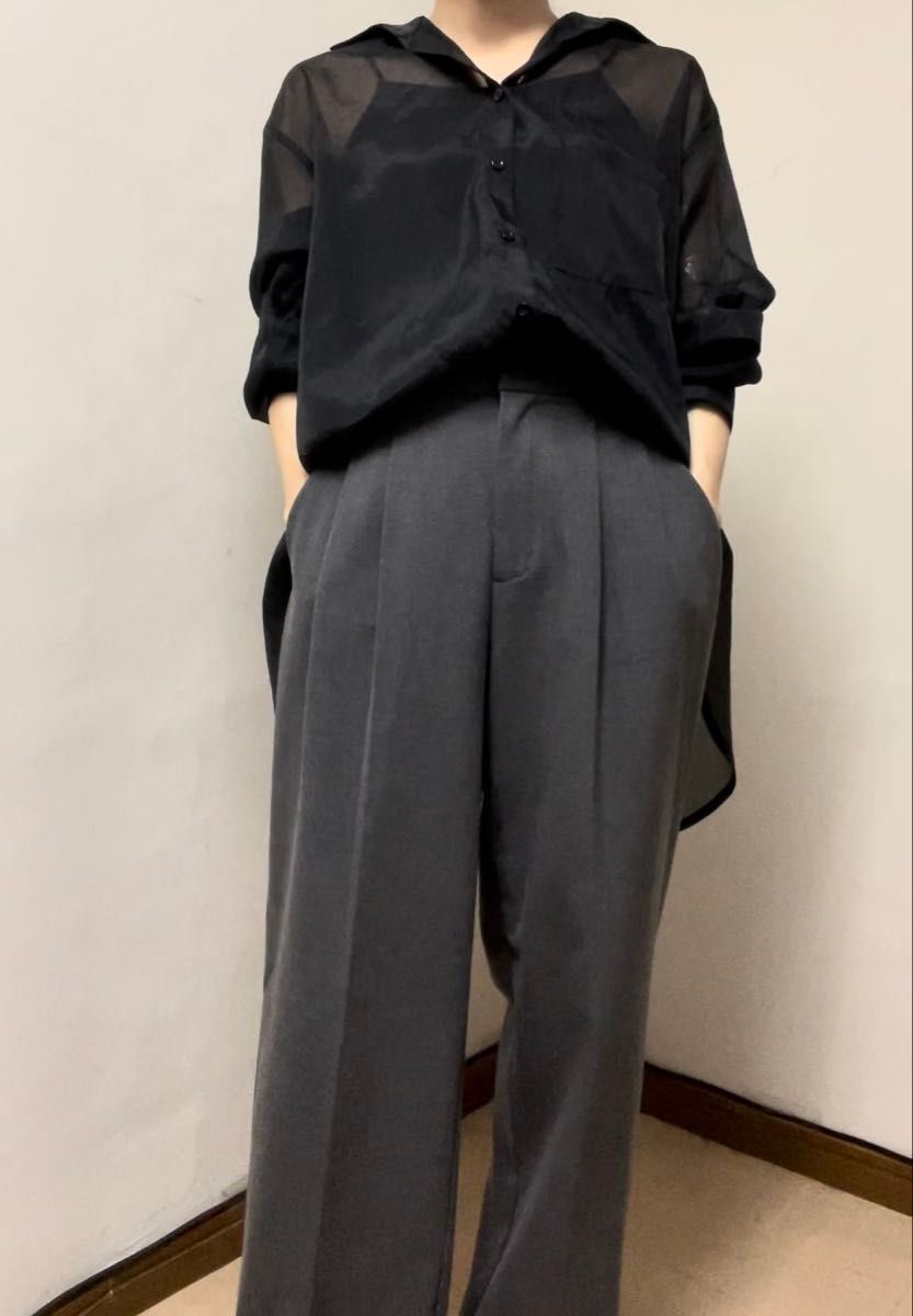 P003 オーバーシルエット バックスリット シアー シャツ ブラック 長袖 無地 バックオープン 背中開き