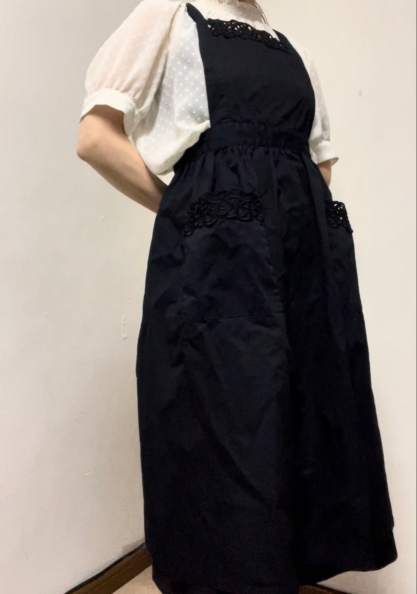 P00266 フランス製 Musee des Tissus LYON生地使用 エプロン レース 上品なエプロン 花柄 ブラック