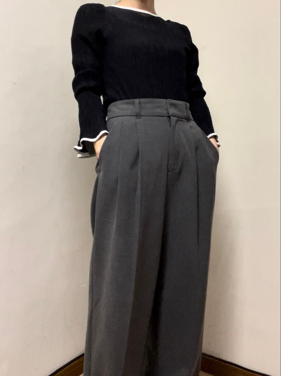 P003 配色パイピングシアーワッシャーブラウス ブラック 長袖