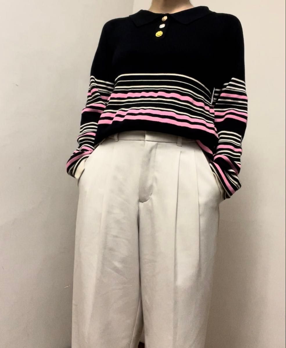 P00295 マルチボーダー襟付きニットトップス ピンク×ブラック ゆるっと可愛い ボタンデザイン M 長袖 なかなかない逸品