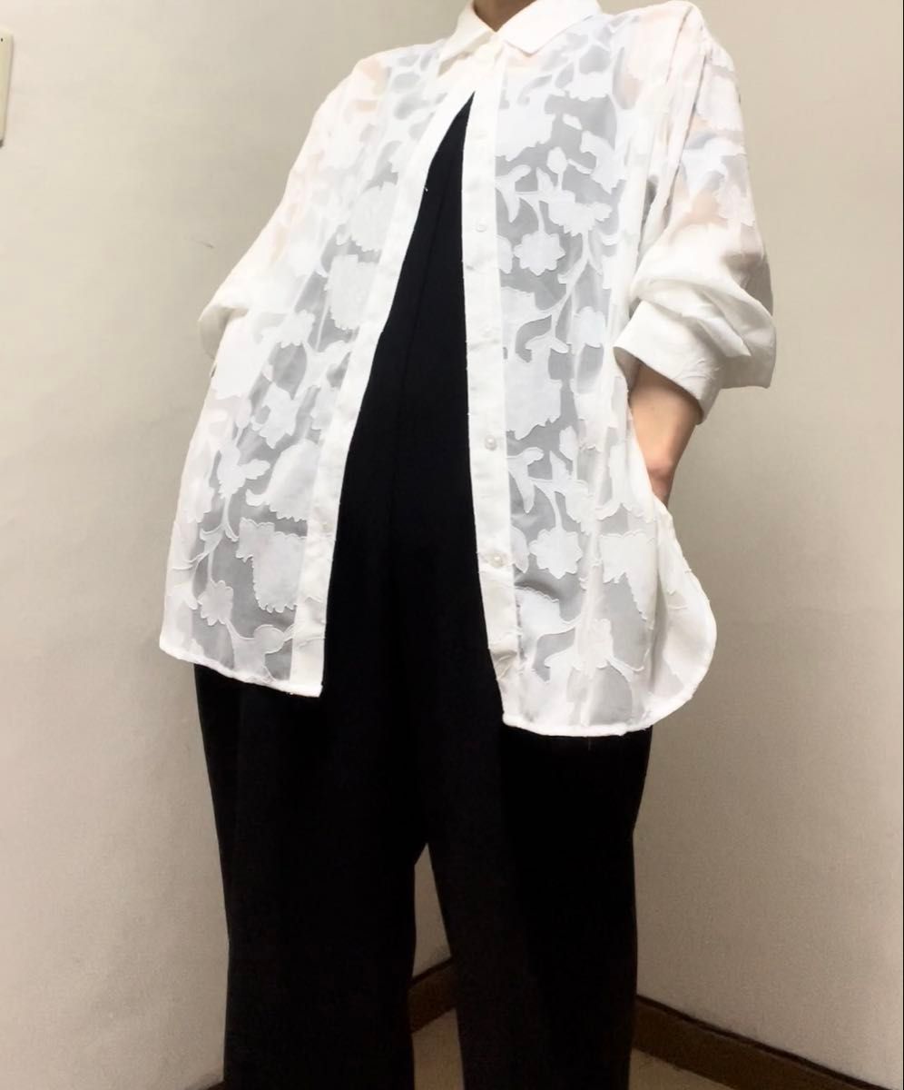 P00331 LANACION 上品なシアー長袖シャツ 花刺繍 清潔感溢れるシャツ L オーバーシルエット ホワイト 羽織
