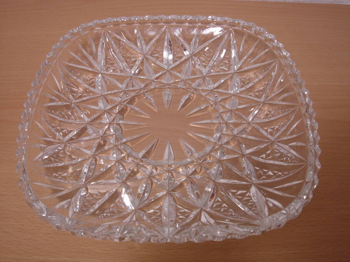  ◆ HOYA CRYSTAL クリスタルガラス スクエア型 大皿 彫刻ガラス カット ホヤ 角型 アンティーク クラシカル ◆ USED 傷あり ◆_画像1