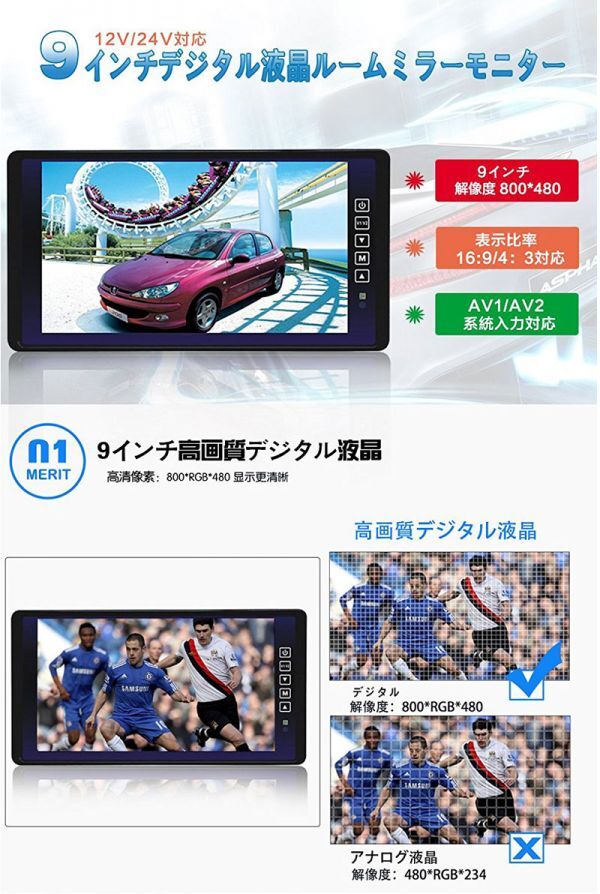 9インチルームミラーモニター　タッチボタン　12V/24V対応　AV1/AV2系統(tǒng)映像入力　バックカメラ連動(dòng)機(jī)能