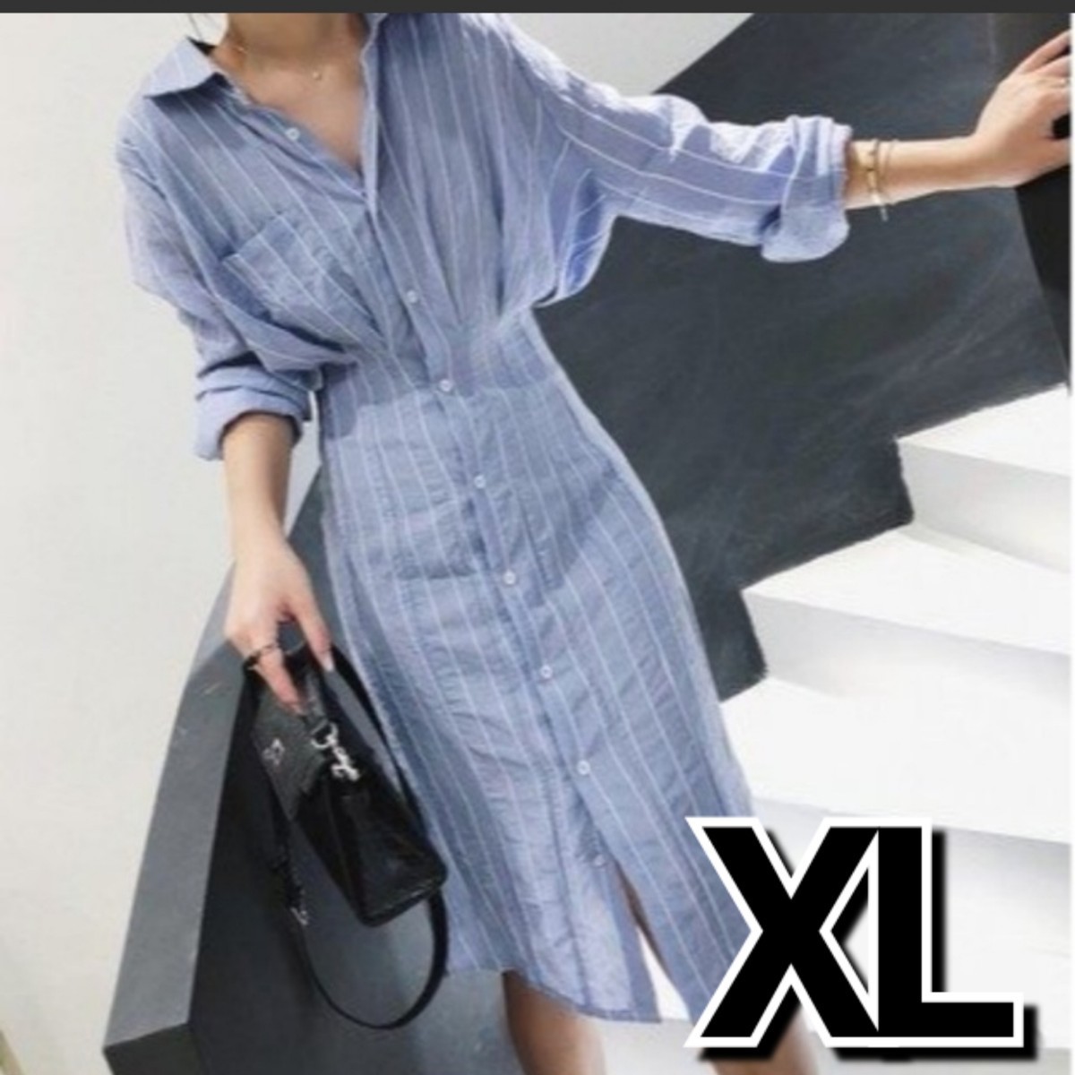 XL シャツワンピース ウエストダーツ 着やせ効果 ストライプ ワンピース