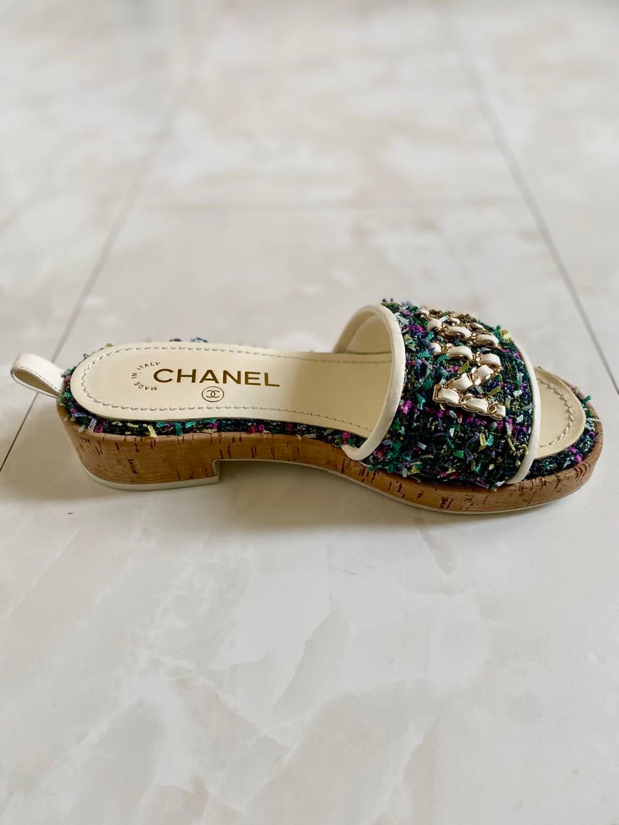厚底で身長盛れる♪【CHANEL】ツイード チェーン サンダル 美品 シャネル ツイード チェーン ロゴ 厚底 フラット ミュール
