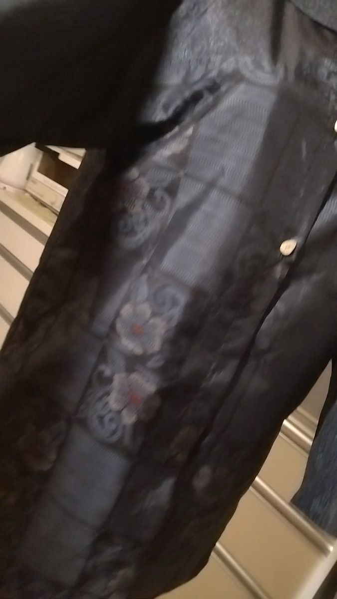 新品 大島紬花柄ネイビー ブラウス兼ジャケット チビ丸襟 ハンドメイド 裏地無し 貝ボタン 11号 濃紺