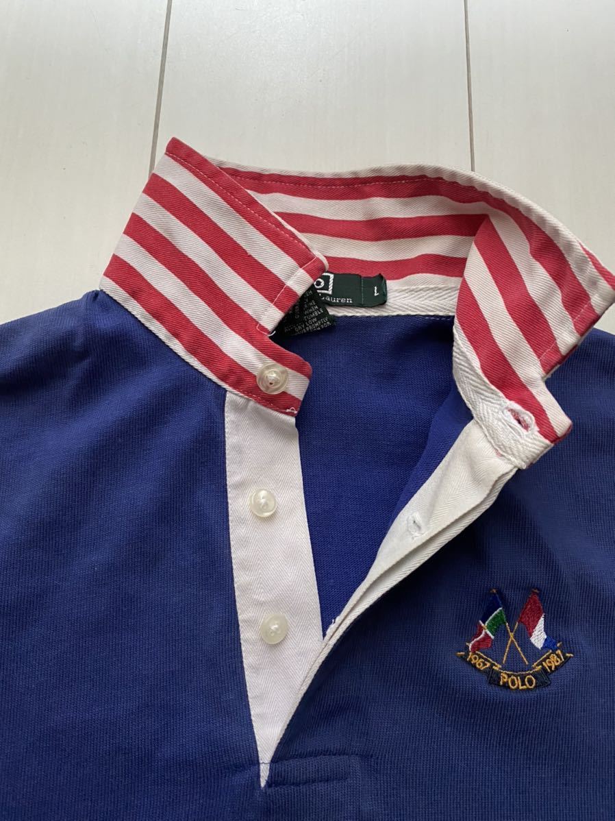  free shipping beautiful goods USA made 1987 POLO Ralph Lauren CrossFlag Cross flag Rugger shirt vintage Vintage SPORT COUNTRY RRL 1992 blue 