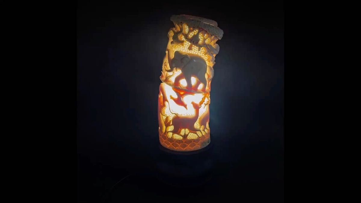 極美品 希少品 東洋彫刻 細密彫刻 置物 天然素材 百獸圖 象 虎 獅子鷹 鹿 鳥 スタンドライト 照明 デスクライト