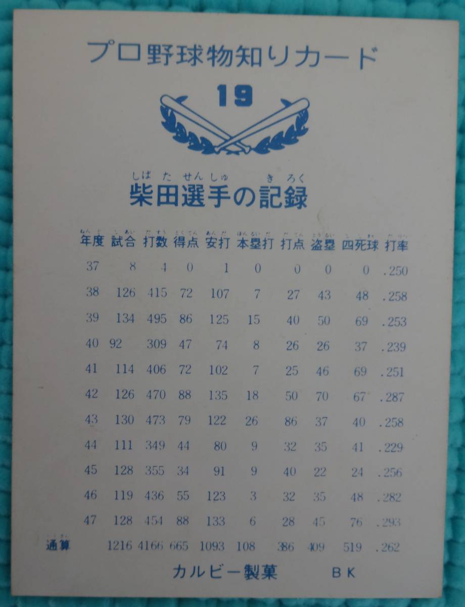 カルビープロ野球カード　 19　柴田勲　巨人　１９７３年　　_画像2