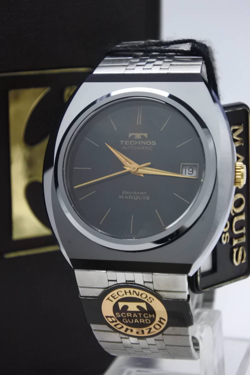 ☆デッドストック1970年代頃　スイス名門TECHNOS ボラゾン マーキス　黑虎目石ダイヤル　超硬ケース　自動巻紳士腕時計　当時定価108000円
