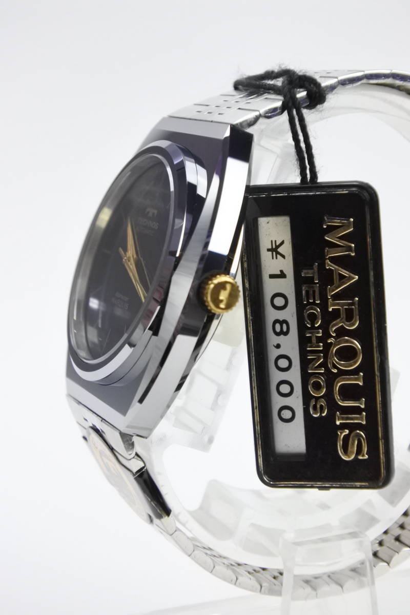 ☆デッドストック1970年代頃　スイス名門TECHNOS ボラゾン マーキス　黑虎目石ダイヤル　超硬ケース　自動巻紳士腕時計　当時定価108000円_画像2
