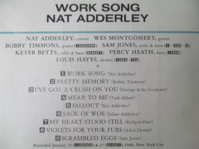 Nat Adderley/Work Song ナット・アダレイ 61年不滅の、大傑作・大名盤♪国内盤♪ファンキー・ジャズ・レジェンド♪ウェス・モンゴメリー♪_画像3