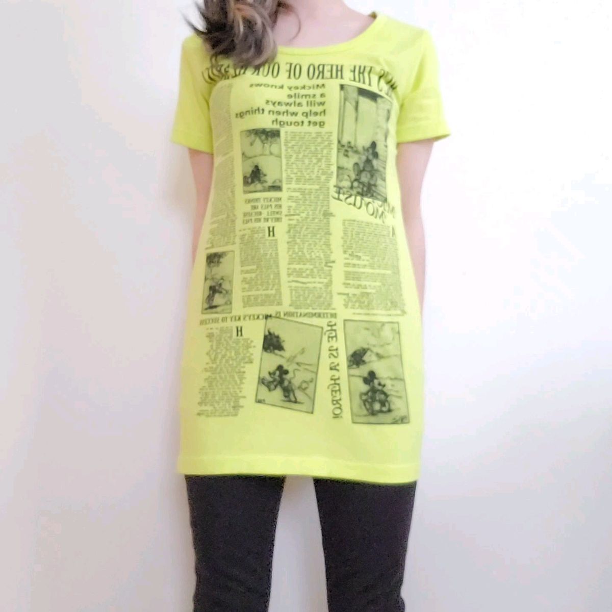 ミッキーTシャツ チュニック丈 ライムイエロー