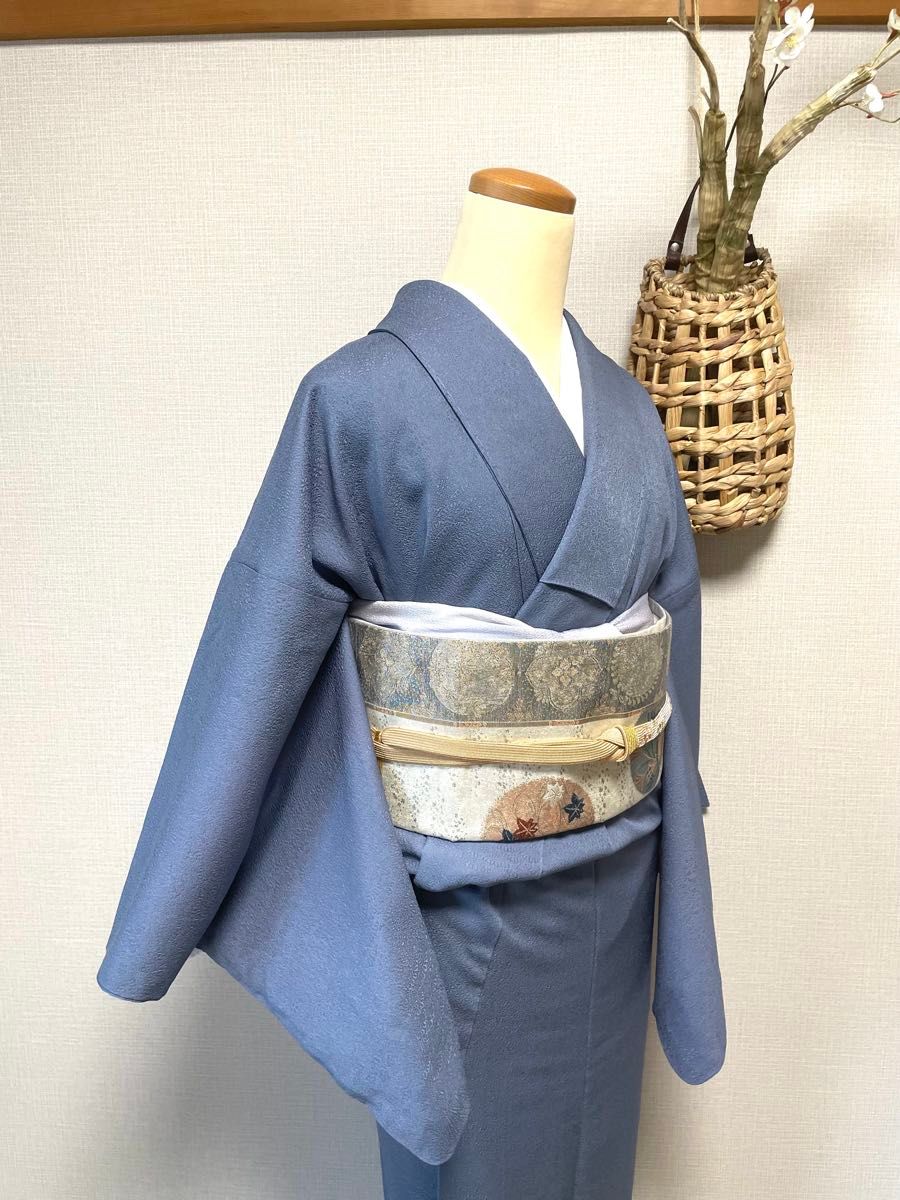 作家もの 正絹 袷 色無地 ブルーグレー 一つ紋入り 身丈(肩から 作家もの 正絹 袷 色無地 ブルーグレー 一つ紋入り 身丈(肩から