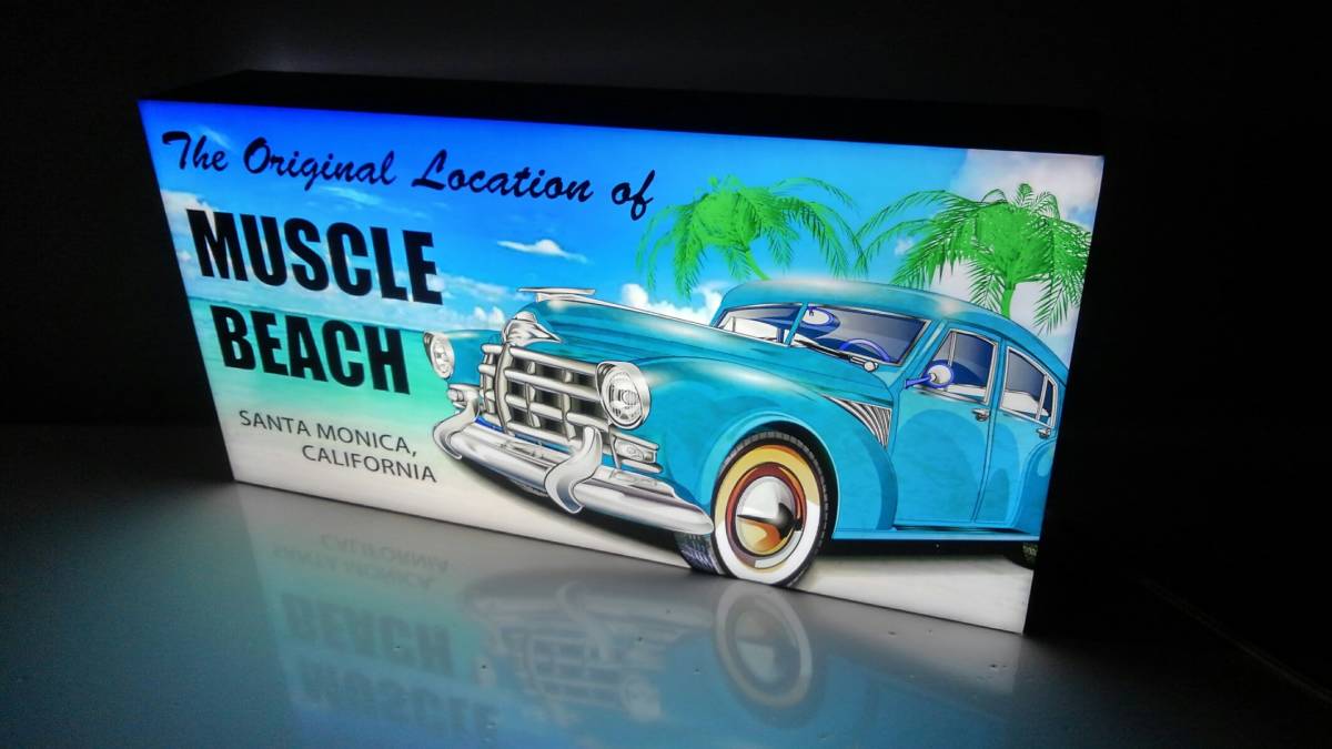 アメリカン雑貨 マッスルビーチ 海 ビーチ ヤシの木 景色 アメ車 カリフォルニア ランプ 照明 看板 ライトBOX 置物 LED 電光看板 電飾看板_画像2