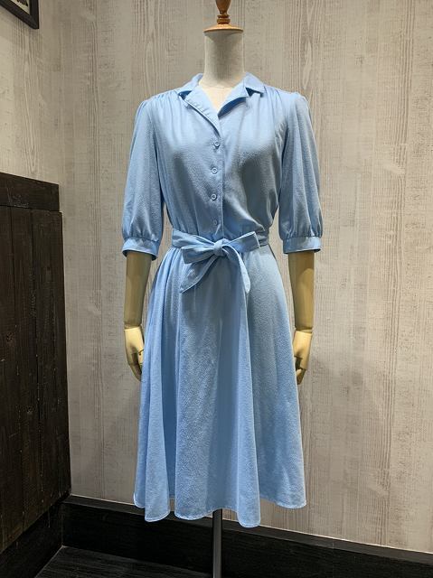 USA製 70s 80s LOOKS ギャザースリーブ オープンカラー ペールトーン 水色 ライト サックス ブルー ミモレ丈 ワンピース ドレス ビンテージ