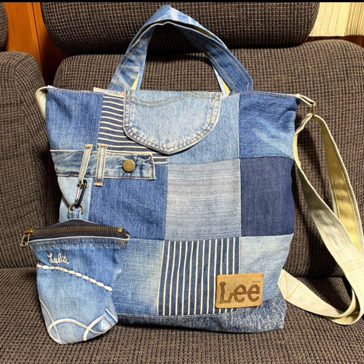 韓国デザイン パッチワーク レザーミニポーチ デニムトート BAG Lee デニム パッチワーク トートバッグ ショルダー 2way