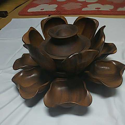 花形 回転菓子入れ アンティーク木細工 容器 手作り 木皿 2段 antique アンティーク 華 花