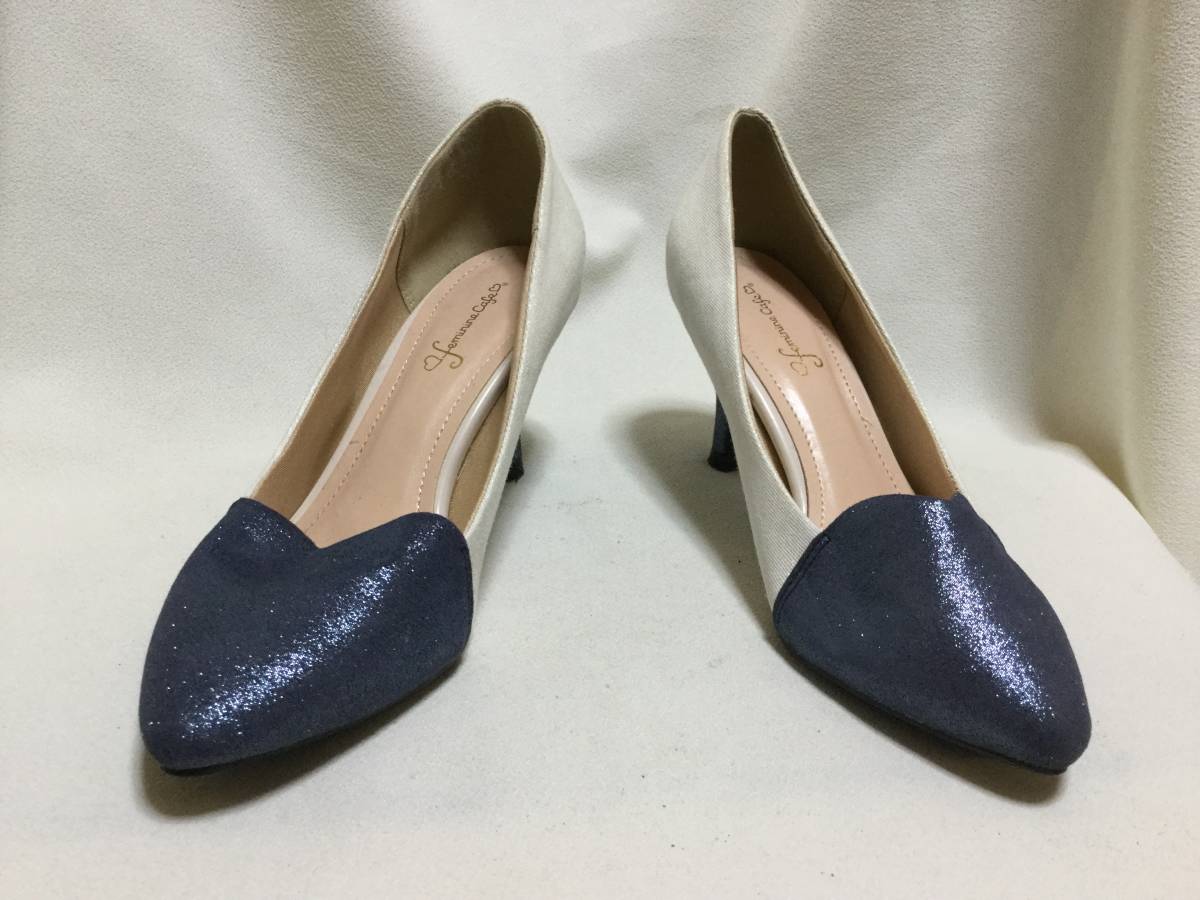 C7213*Feminine cafe*23.5cm* white & lustre equipped navy blue cloth made pumps * heel 7cm