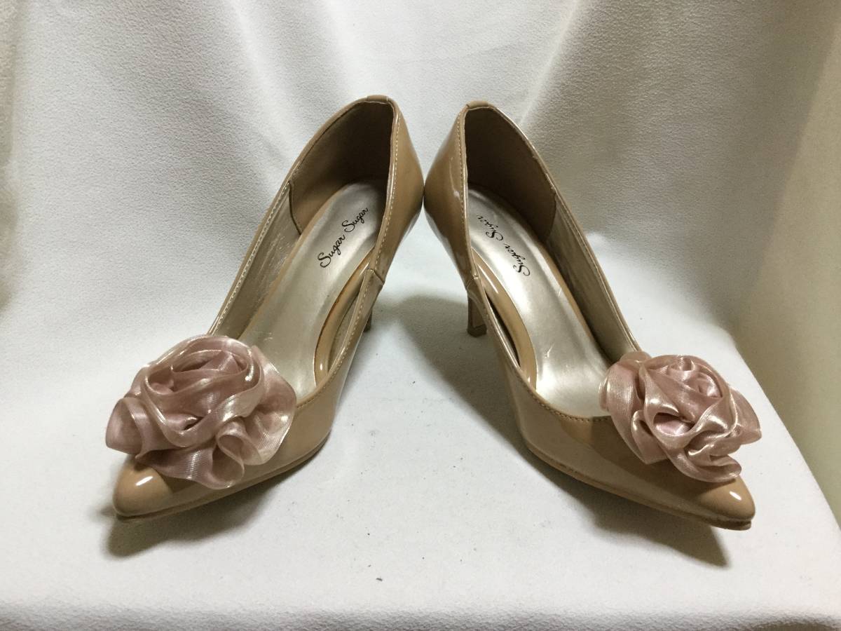 C7471*SUGAR SUGAR*24cm beige enamel style high heel pumps * pink flower corsage removed possible 